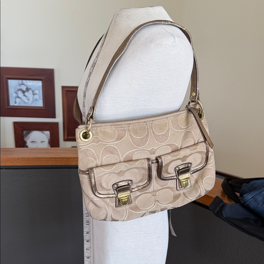 Coach Poppy Signature Sateen Hippie hobo shoulder bag a khaki and gold metallic